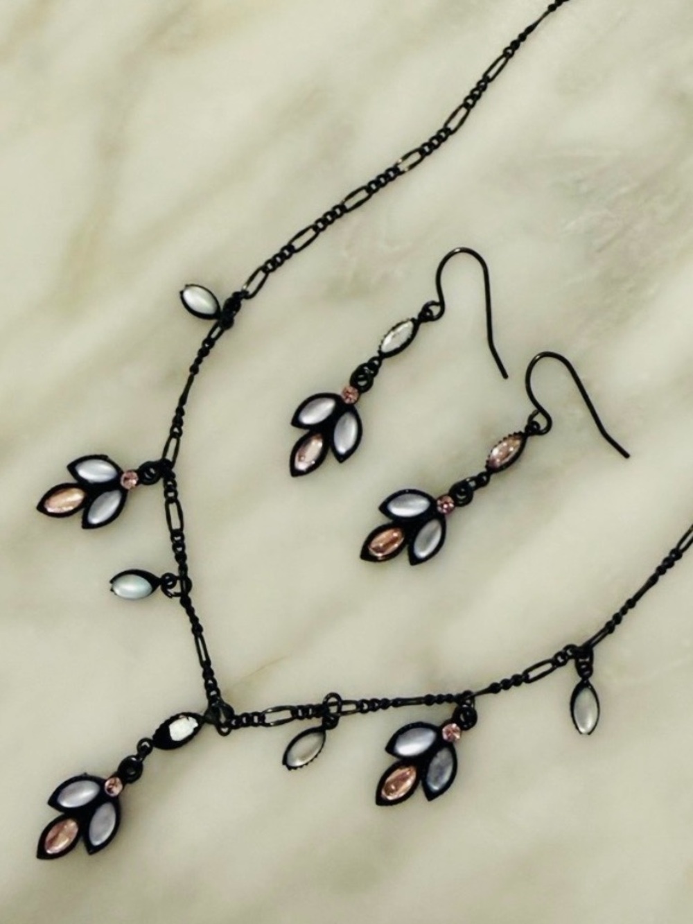 Necklace & Dangly French Wire Earrings Set Black Pink & Blue Stones Dainty